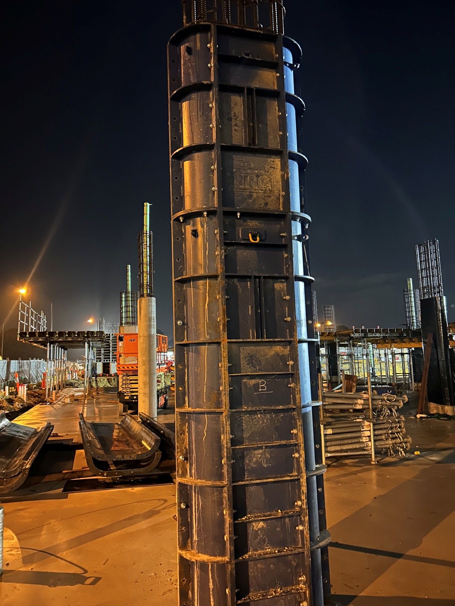 Column formwork on a Perth construction site at night